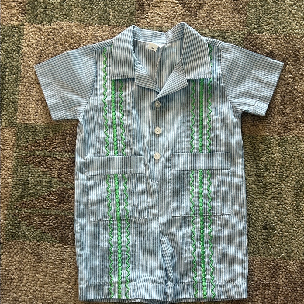 Striped Blue and Green Embroidered Romper